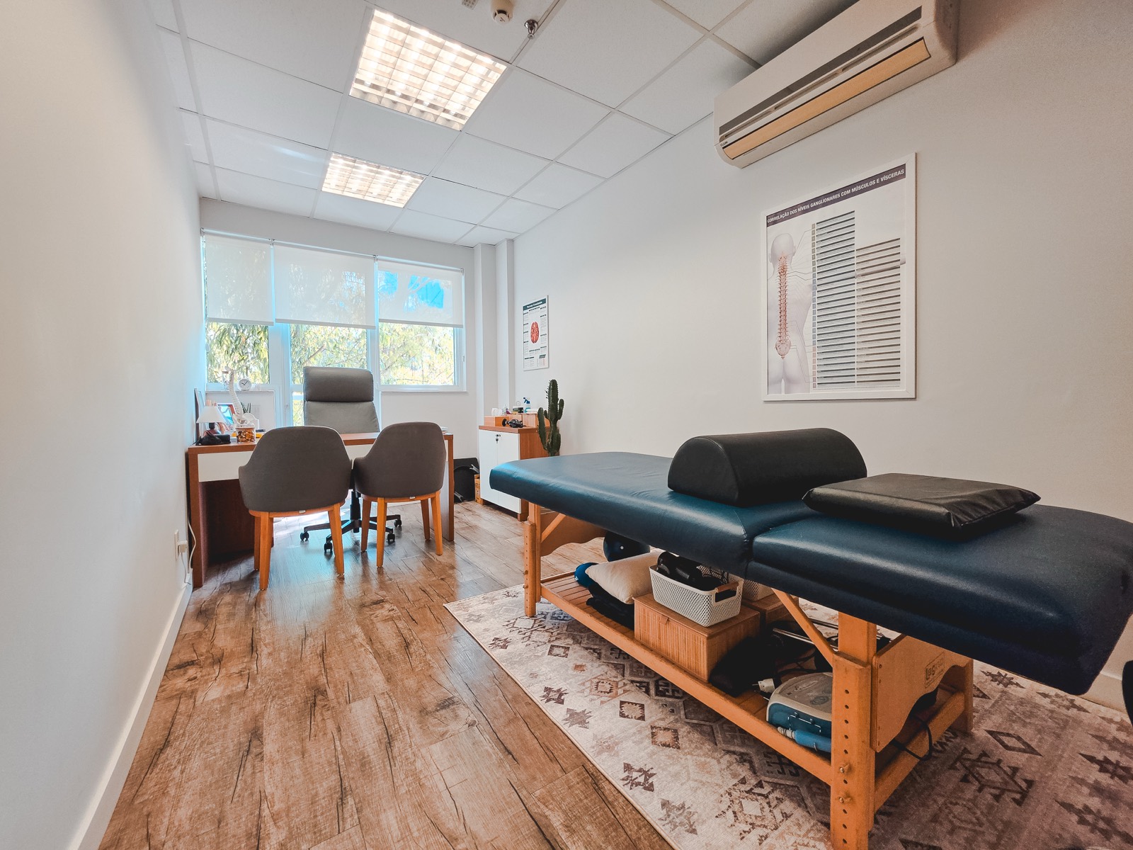 Sala de atendimento do consultório, com maca e mesa em luz natural